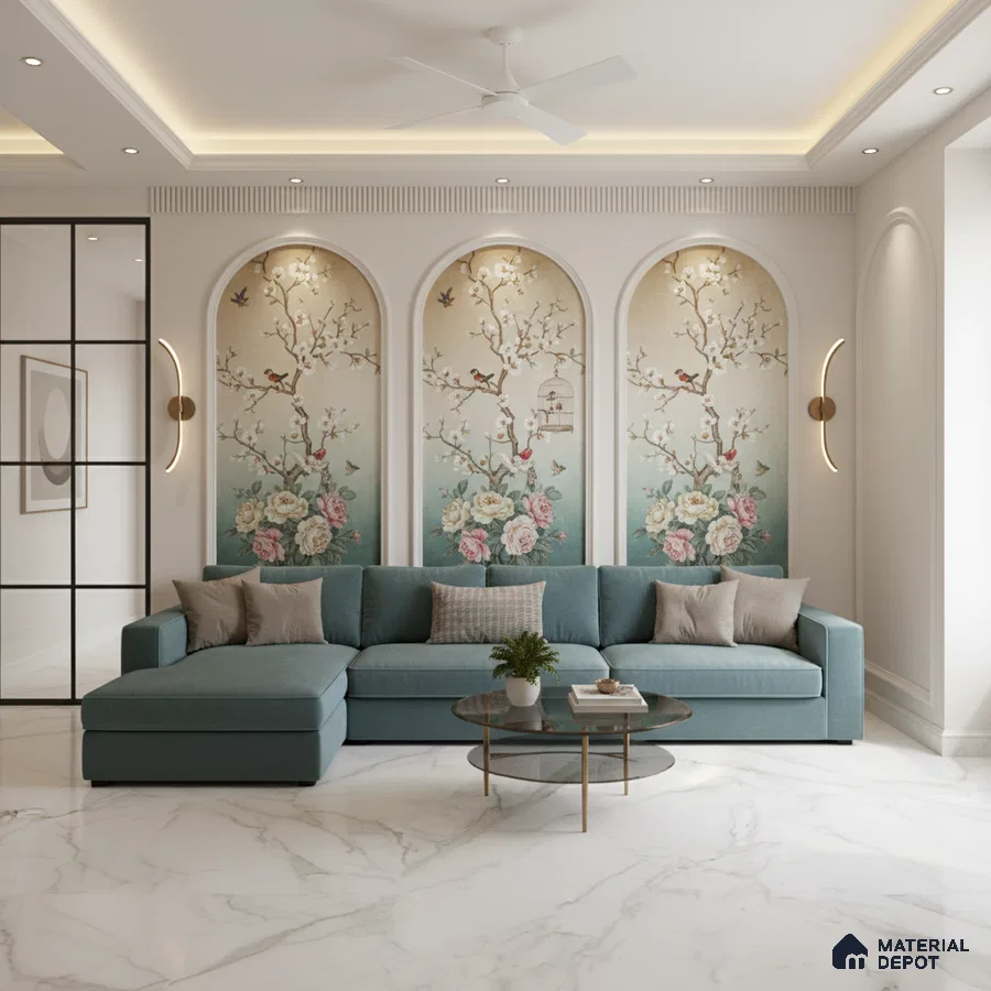 Modern living room with chinoiserie floral wallpaper and white marble floor tile in Bengaluru