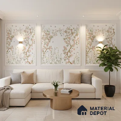 Modern living room with chinoiserie floral wallpaper, beige marble floor tiles, and neutral upholstery in Bengaluru
