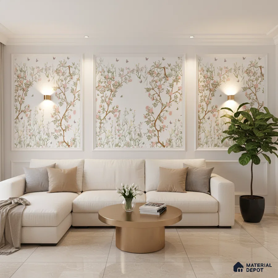 Modern living room with chinoiserie floral wallpaper, beige marble floor tiles, and neutral upholstery in Bengaluru
