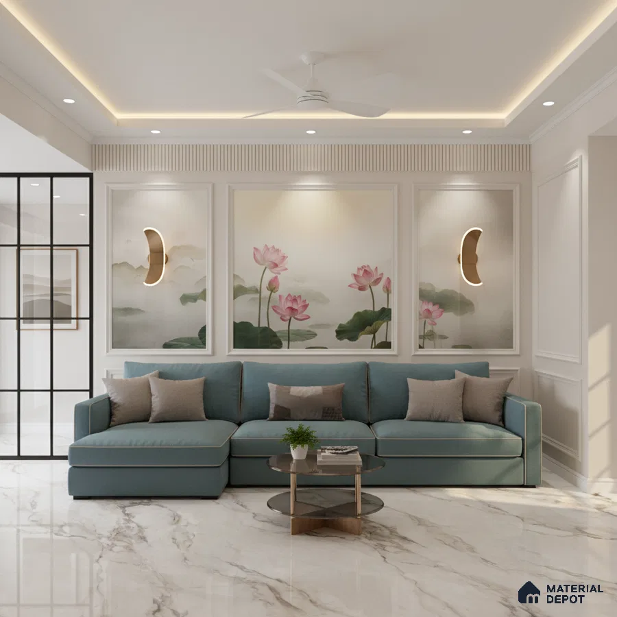 Modern living room with chinoiserie floral wallpaper, blue sofa, and white marble floor tiles in Bengaluru