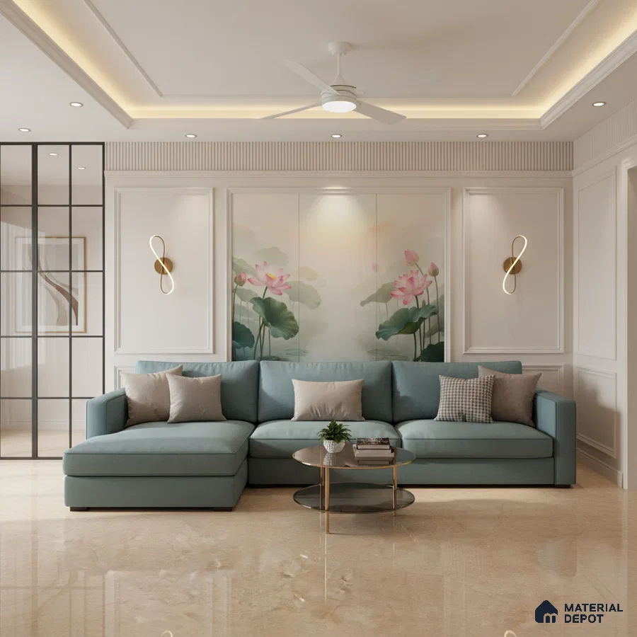 Modern living room with chinoiserie floral wallpaper, pastel blue sofa, and beige marble floor tiles in Bengaluru