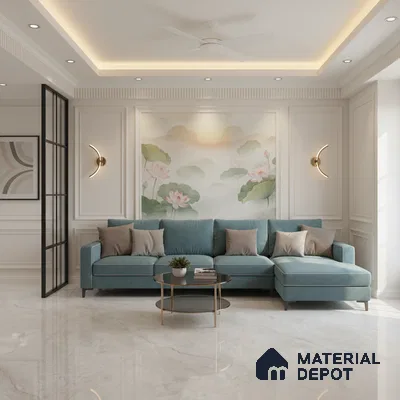 Modern living room with chinoiserie floral wallpaper, teal fabric sofa, and white marble floor tile in Bengaluru