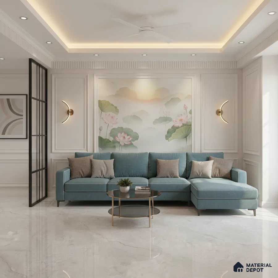 Modern living room with chinoiserie floral wallpaper, teal fabric sofa, and white marble floor tile in Bengaluru