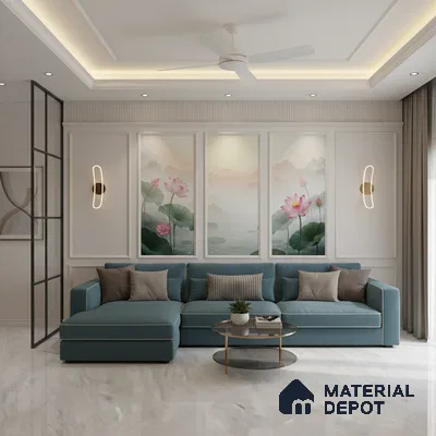 Modern living room with chinoiserie lotus wallpaper, blue sectional sofa, and white marble floor tile in Bengaluru