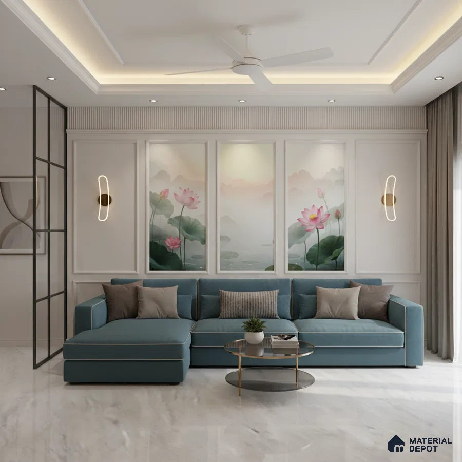 Modern living room with chinoiserie lotus wallpaper, blue sectional sofa, and white marble floor tile in Bengaluru