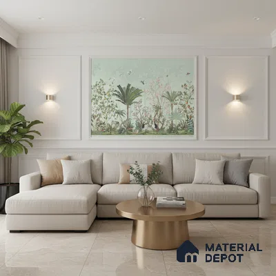 Modern living room with chinoiserie wallpaper, beige marble floor tile, and neutral upholstery in Bengaluru
