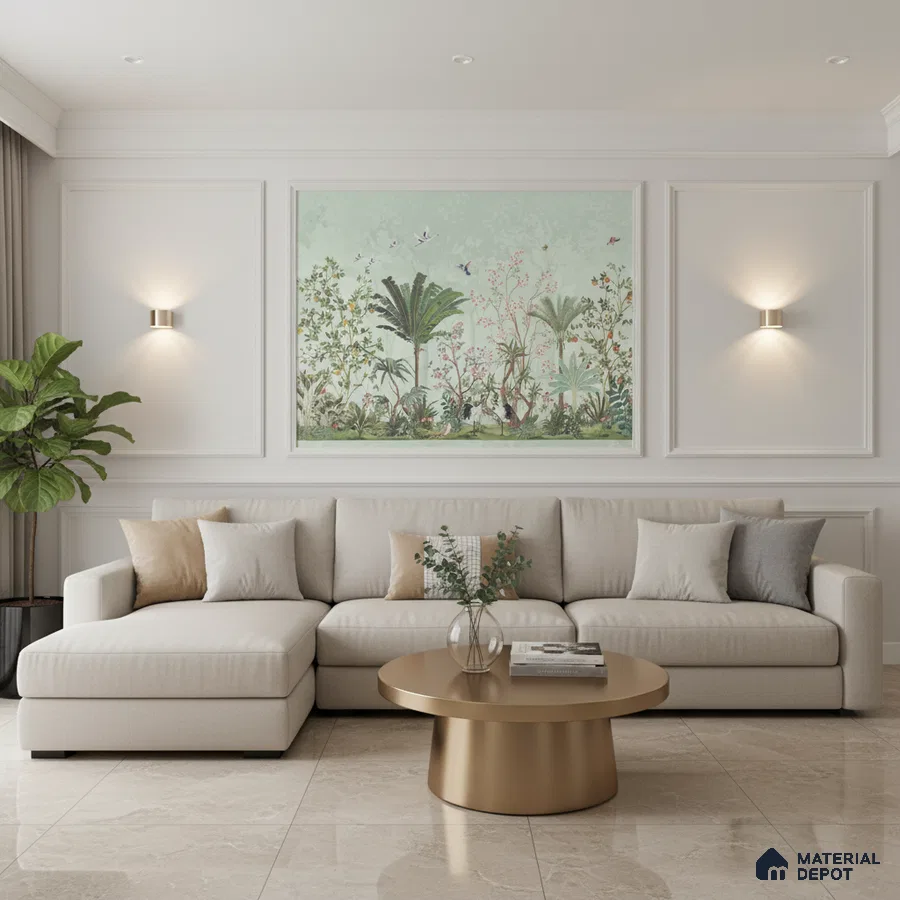 Modern living room with chinoiserie wallpaper, beige marble floor tile, and neutral upholstery in Bengaluru