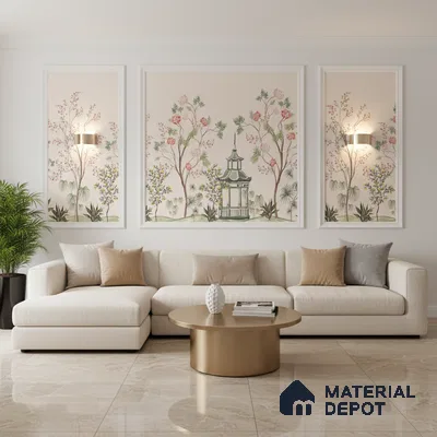 Modern living room with chinoiserie wallpaper, beige marble floor tiles, and neutral upholstery in Bengaluru
