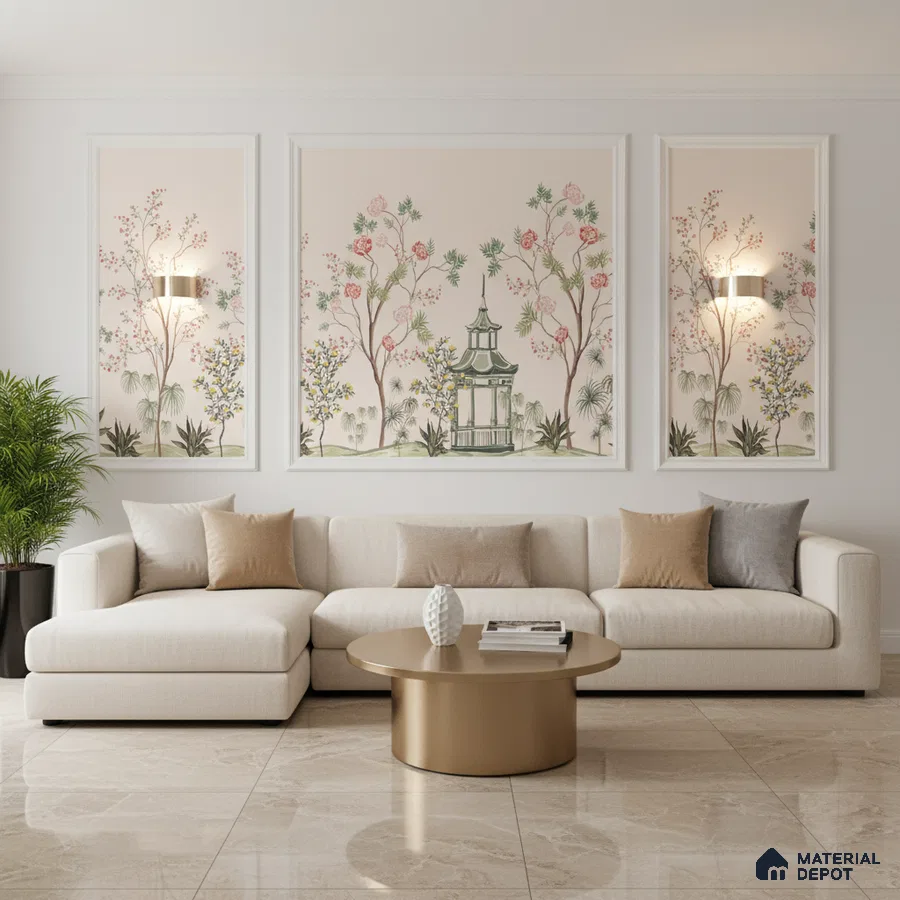 Modern living room with chinoiserie wallpaper, beige marble floor tiles, and neutral upholstery in Bengaluru
