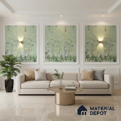 Modern living room with chinoiserie wallpaper, beige marble floor tiles, and neutral upholstery in Bengaluru