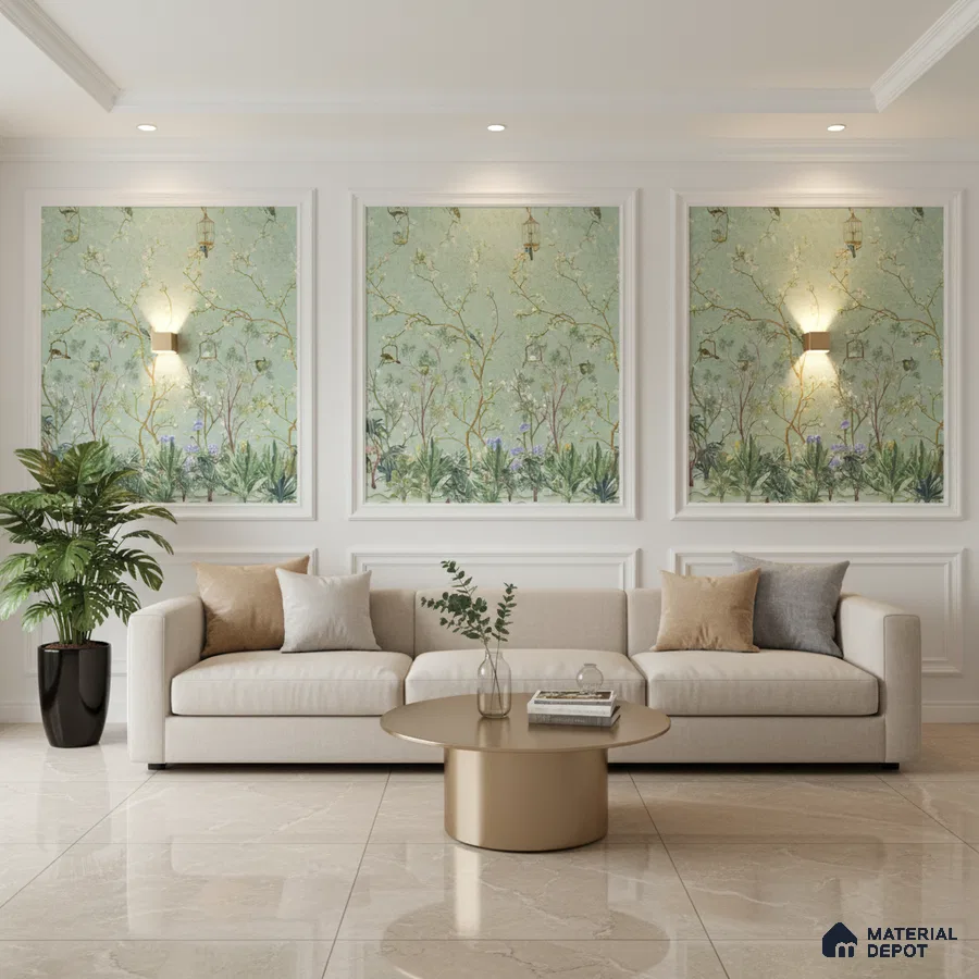 Modern living room with chinoiserie wallpaper, beige marble floor tiles, and neutral upholstery in Bengaluru