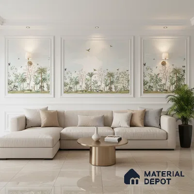 Modern living room with chinoiserie wallpaper, beige sofa, and polished marble floor tile in Bengaluru