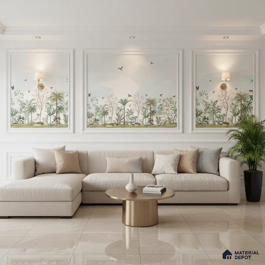 Modern living room with chinoiserie wallpaper, beige sofa, and polished marble floor tile in Bengaluru