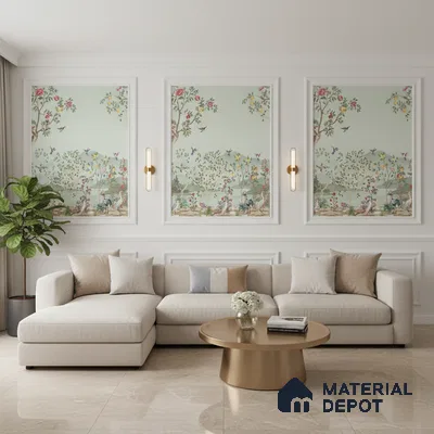 Modern living room with chinoiserie wallpaper panels and beige marble floor tiles in Bengaluru