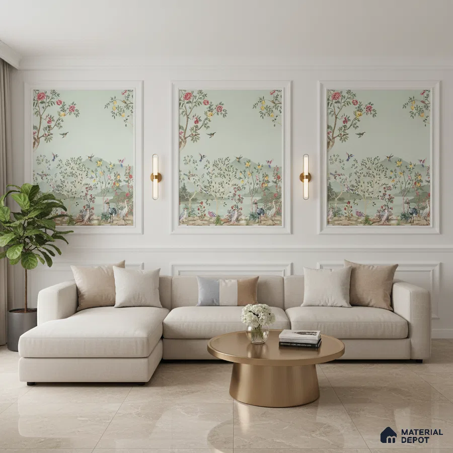 Modern living room with chinoiserie wallpaper panels and beige marble floor tiles in Bengaluru