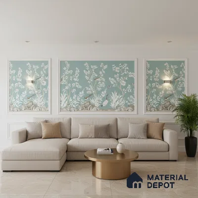 Modern living room with chinoiserie wallpaper panels and beige marble floor tiles in Bengaluru