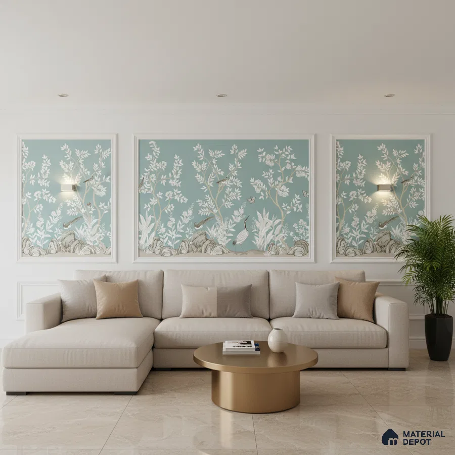 Modern living room with chinoiserie wallpaper panels and beige marble floor tiles in Bengaluru