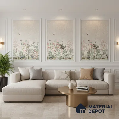 Modern living room with chinoiserie wallpaper panels, beige marble floor, and neutral upholstery in Bengaluru