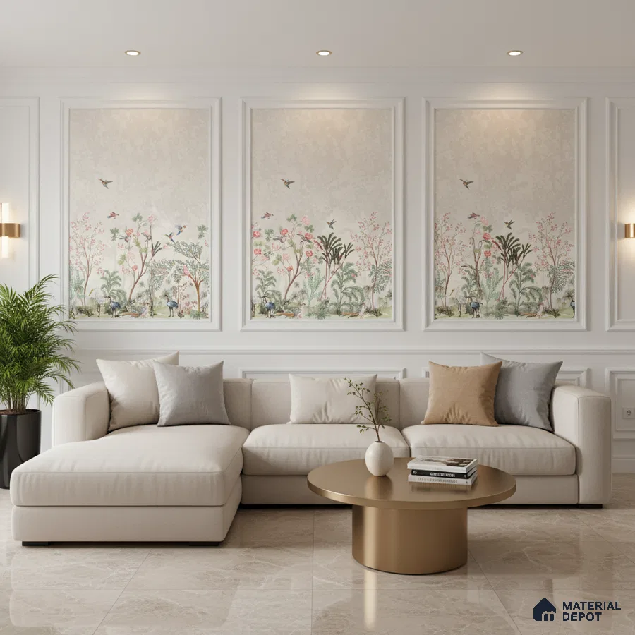 Modern living room with chinoiserie wallpaper panels, beige marble floor, and neutral upholstery in Bengaluru