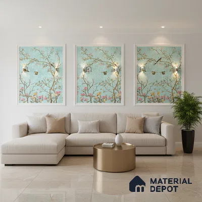 Modern living room with chinoiserie wallpaper panels, beige marble floor tiles, and neutral sectional sofa in Bengaluru