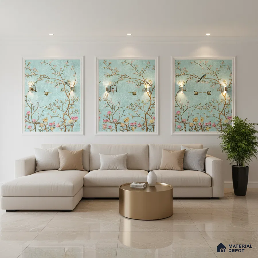 Modern living room with chinoiserie wallpaper panels, beige marble floor tiles, and neutral sectional sofa in Bengaluru