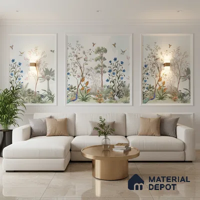 Modern living room with chinoiserie wallpaper panels, beige sofa, and polished marble floor tiles in Bengaluru