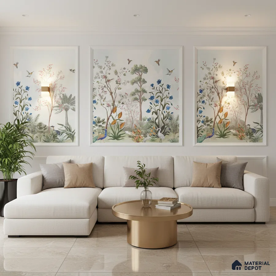 Modern living room with chinoiserie wallpaper panels, beige sofa, and polished marble floor tiles in Bengaluru