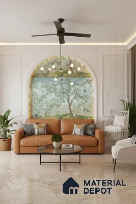 Modern living room with chinoiserie wallpaper, tan leather sofa, and beige marble floor tiles in Bengaluru