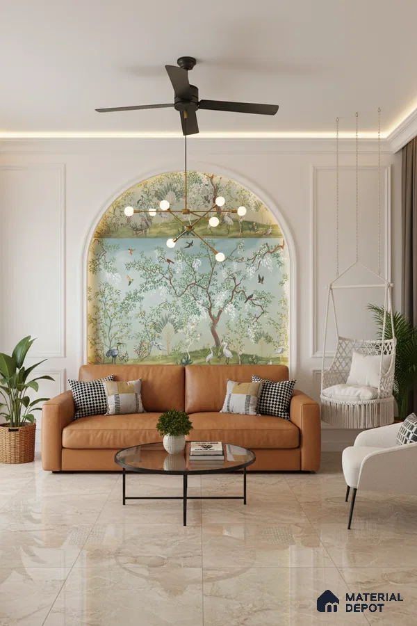 Modern living room with chinoiserie wallpaper, tan leather sofa, and beige marble floor tiles in Bengaluru