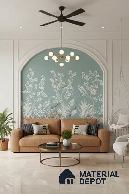 Modern living room with chinoiserie wallpaper, tan leather sofa, and marble floor tiles in Bengaluru