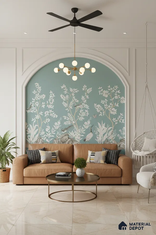 Modern living room with chinoiserie wallpaper, tan leather sofa, and marble floor tiles in Bengaluru