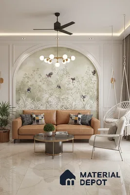 Modern living room with chinoiserie wallpaper, tan leather sofa, and marble look floor tiles in Bengaluru