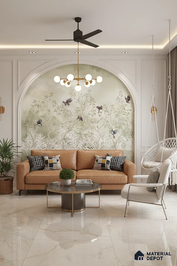 Modern living room with chinoiserie wallpaper, tan leather sofa, and marble look floor tiles in Bengaluru