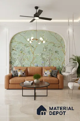 Modern living room with chinoiserie wallpaper, tan leather sofa, and polished beige marble floor tiles in Bengaluru