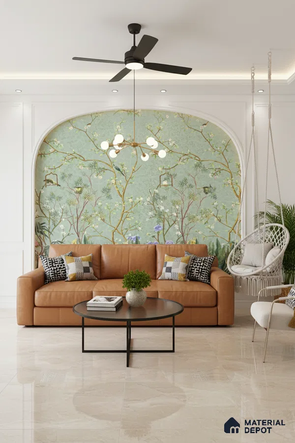 Modern living room with chinoiserie wallpaper, tan leather sofa, and polished beige marble floor tiles in Bengaluru