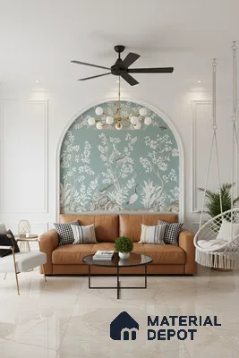 Modern living room with chinoiserie wallpaper, tan leather sofa, and polished marble floor tiles in Bengaluru
