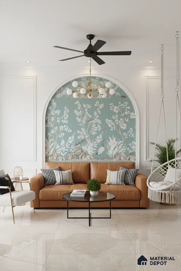 Modern living room with chinoiserie wallpaper, tan leather sofa, and polished marble floor tiles in Bengaluru