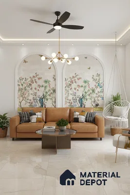 Modern living room with chinoiserie wallpaper, tan leather sofa, and polished marble floor tiles in Bengaluru