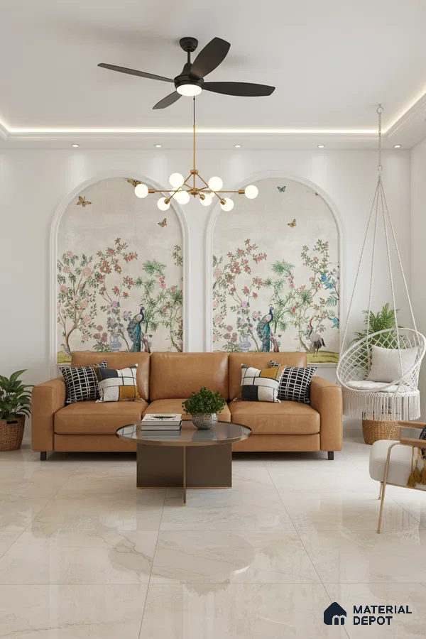 Modern living room with chinoiserie wallpaper, tan leather sofa, and polished marble floor tiles in Bengaluru