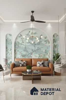 Modern living room with chinoiserie wallpaper, tan leather sofa, and polished marble floor tiles in Bengaluru
