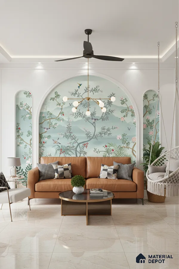 Modern living room with chinoiserie wallpaper, tan leather sofa, and polished marble floor tiles in Bengaluru