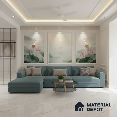 Modern living room with chinoiserie wallpaper, teal sectional sofa, and white marble floor tile in Bengaluru
