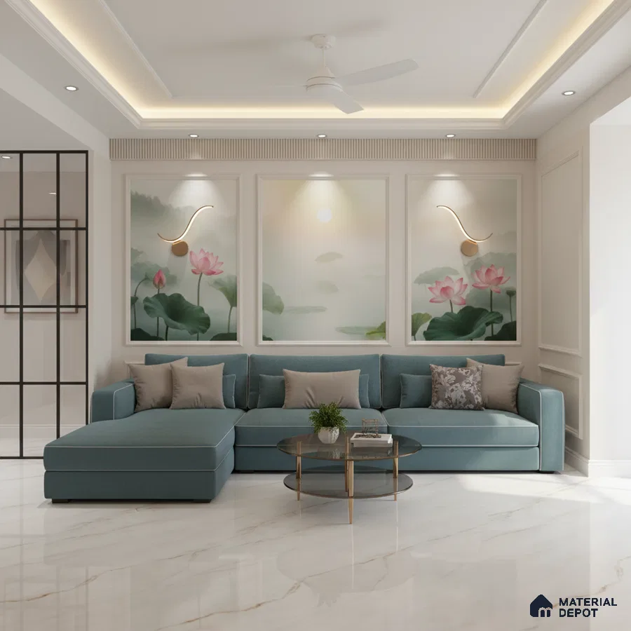Modern living room with chinoiserie wallpaper, teal sectional sofa, and white marble floor tile in Bengaluru