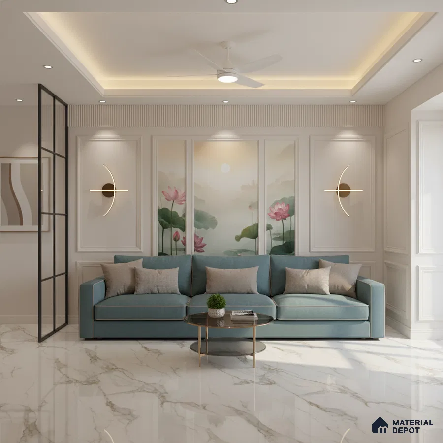 Modern living room with chinoiserie wallpaper, teal sofa, and white marble floor tiles in Bengaluru