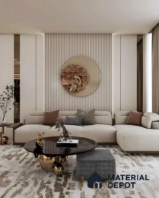 Modern Living Room with Circular Wall Art and Patterned Rug | Material Depot