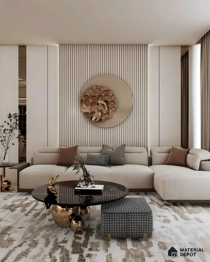 Modern Living Room with Circular Wall Art and Patterned Rug | Material Depot