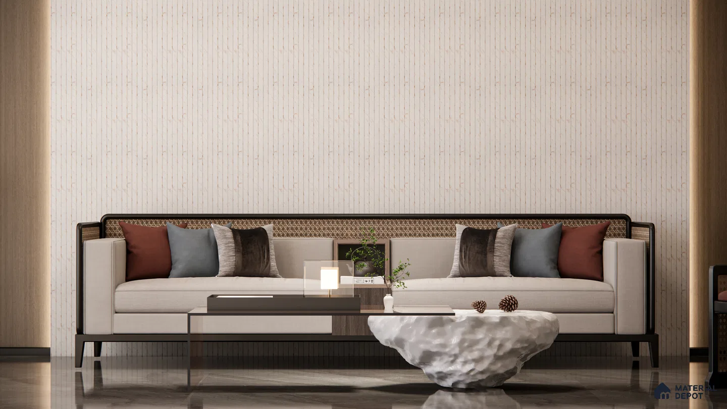 Modern Living Room with Cream Fluted Wall Tiles and Earthy Accents | Material Depot