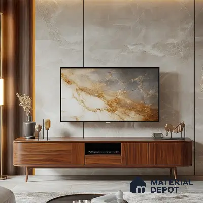 Modern Living Room with Curved TV Stand and Marble Wall | Material Depot