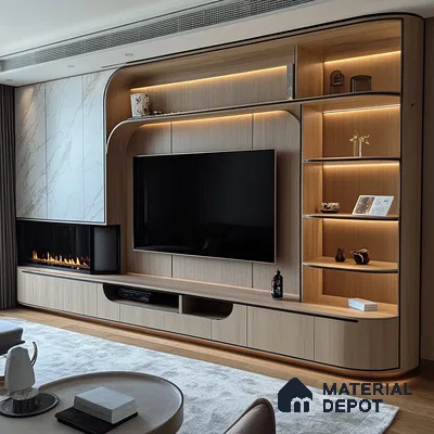 Modern Living Room with Curved TV Wall and Fireplace | Material Depot