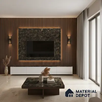 Modern living room with white marble laminate TV wall, wooden louver panel, and beige floor tiles in Bengaluru